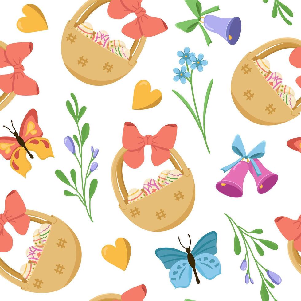 seamless pattern with Easter eggs in a basket and butterflies. Easter egg hunt invitation template on a white background. Wallpaper and packaging design. vector