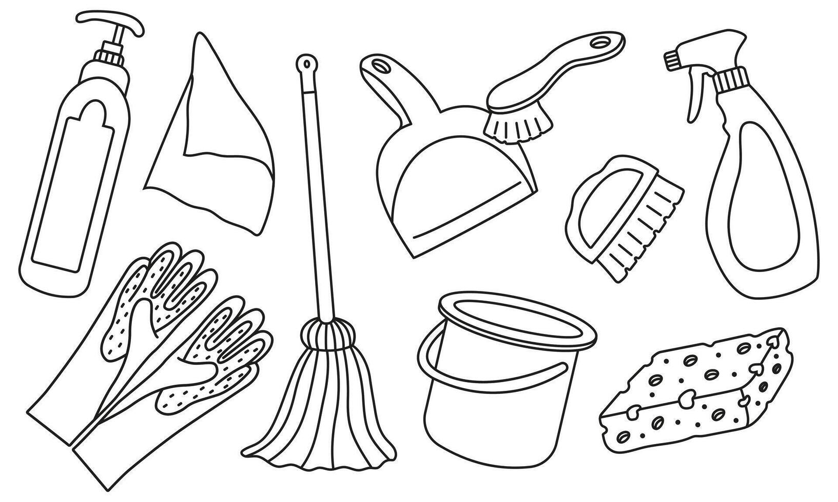 set of spring cleaning items in doodle style. Linear Illustration for different designs with household items. vector