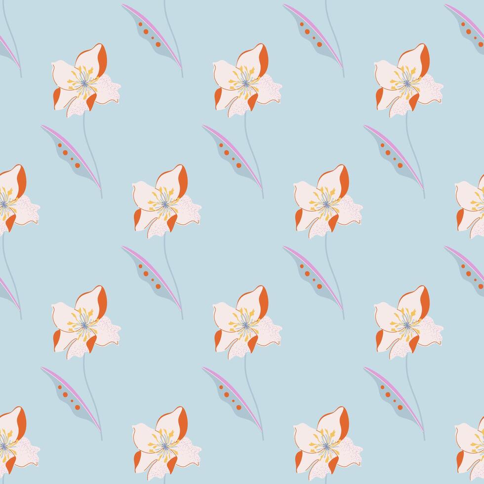 Beautiful floral seamless pattern. Plant ornament with flower on light blue background. Cute print for fabric, wallpaper, wrapping paper. Elegant hand drawn illustration. vector