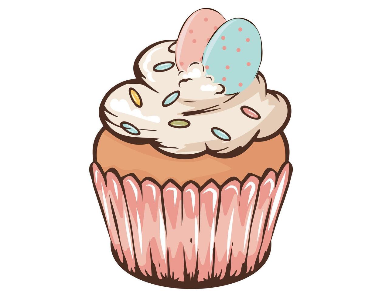 Colorful cupcake with festive toppings sits on a plain background in a cheerful spring setting vector