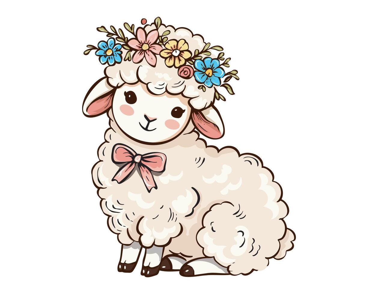 Cute Lamb with Floral Crown and Pink Bow Tie vector