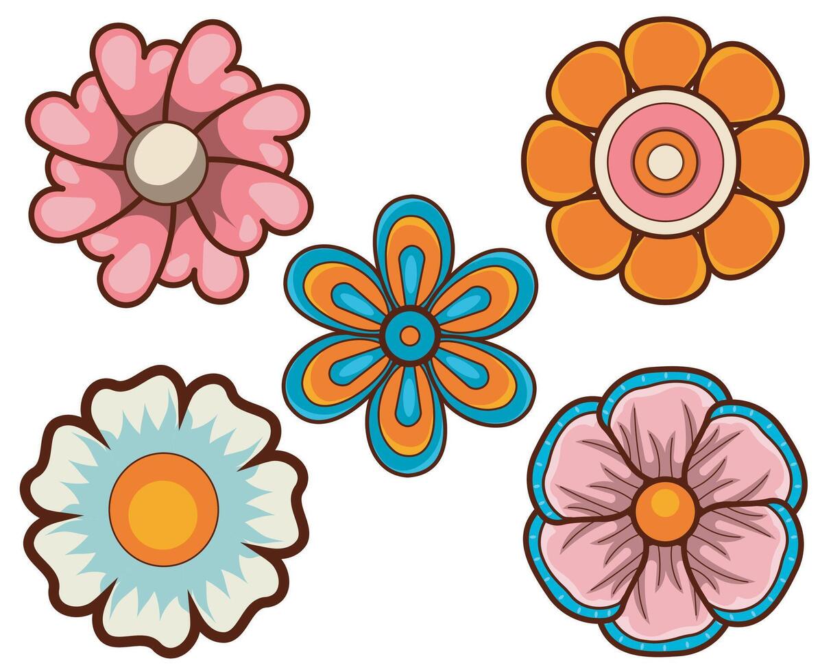 Psychedelic collection of five colorful flowers in various shapes and designs vector
