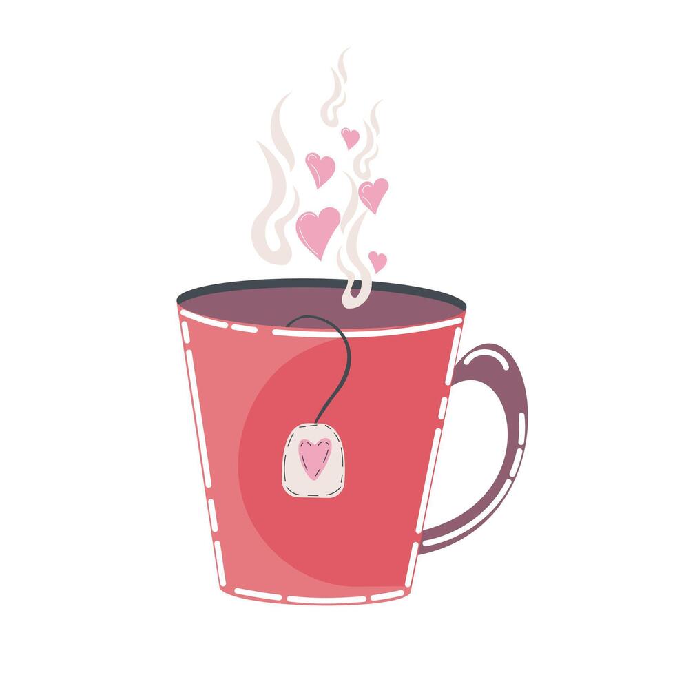 Red Mug With Heart Shaped Steam and Tea Bag Illustration vector