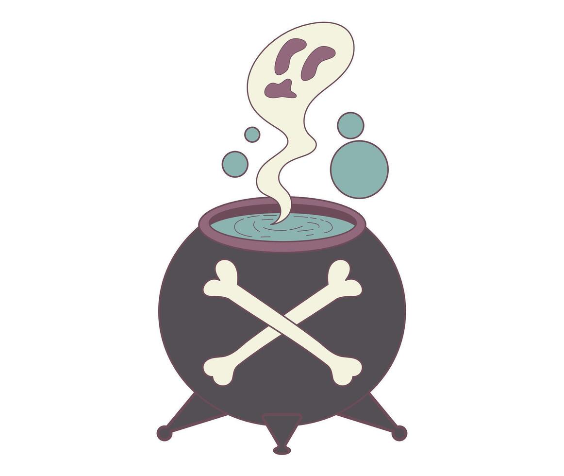 Cartoon Witch Cauldron With Green Potion and Floating Ghostly Vapor vector