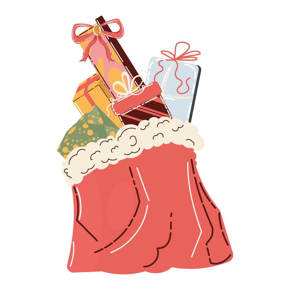 Festive Red Bag Filled with Various Colorful Christmas Gifts and Ribbons vector
