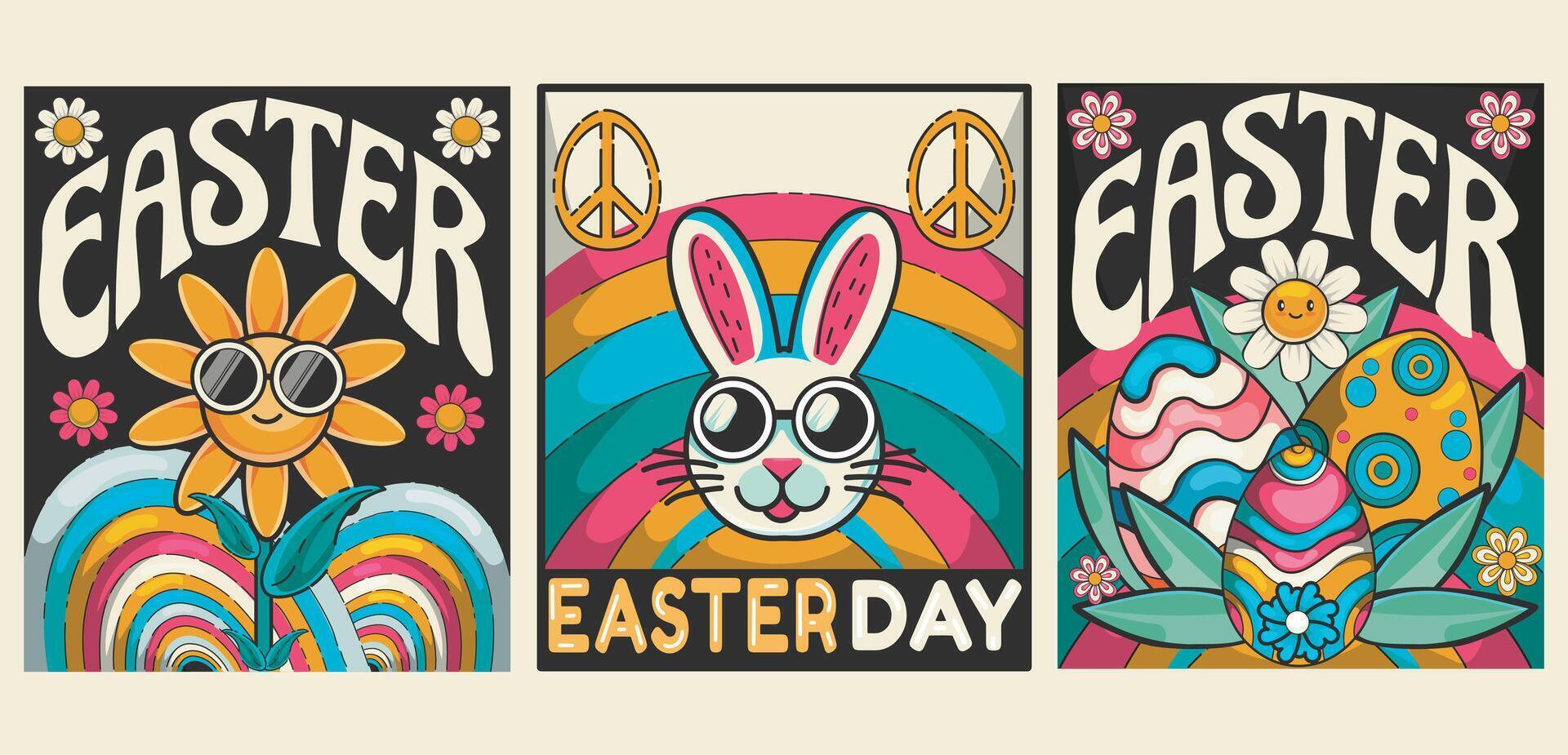 Cartoon set of Easter posters in retro 90s aesthetic. Sun, eggs, flowers, rainbow, colorful. Happy easter day cards in funky groovy style vector