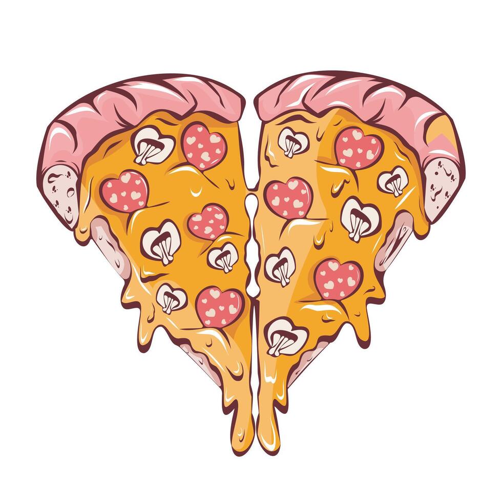 Heart Shaped Pizza Illustration with Mushrooms and Salami Toppings vector