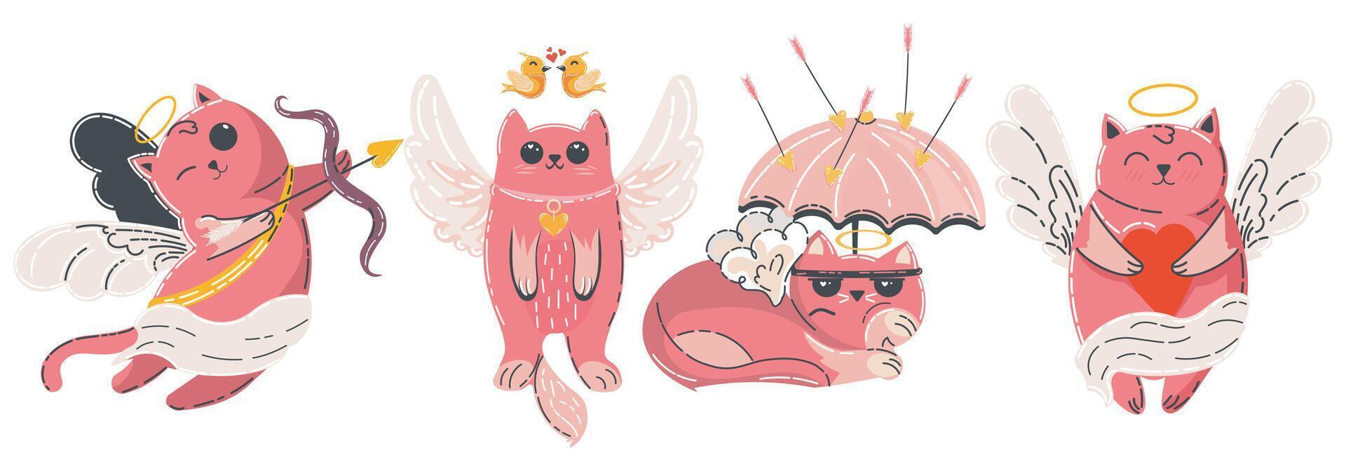 Set of Playful Cupids Styled as Cute Pink Cats Illustrating Love and Affection vector