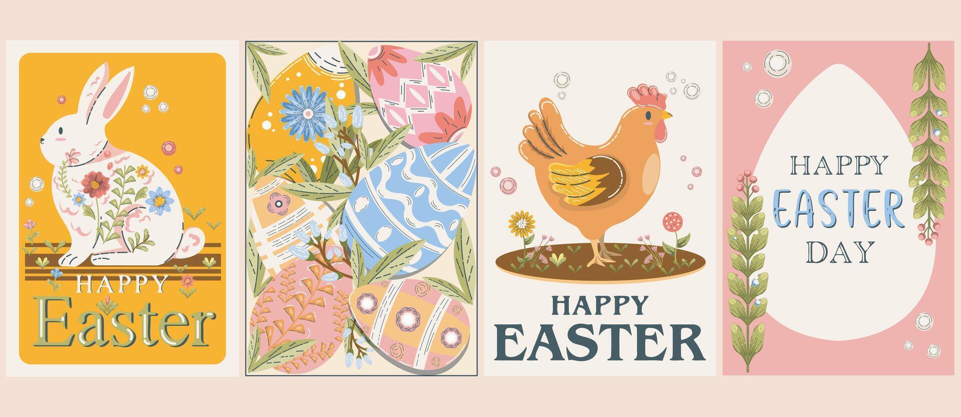 Set of Happy Easter Day. Cartoon Minimalist posters. Celebration congratulations cards with eggs, chicken and rabbit vector