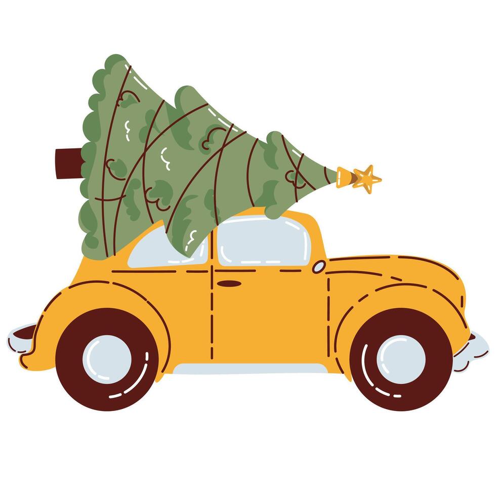Yellow Car Carrying Decorated Christmas Tree on Top, Festive Holiday Transportation vector