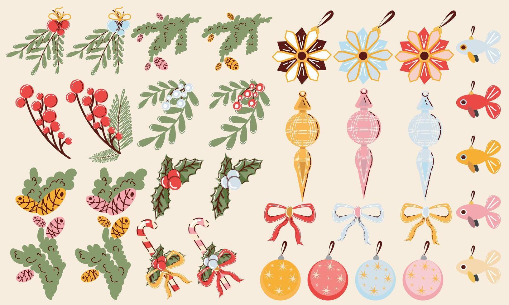Set of Christmas and Holiday Themed Decorative Icons in Various Designs vector