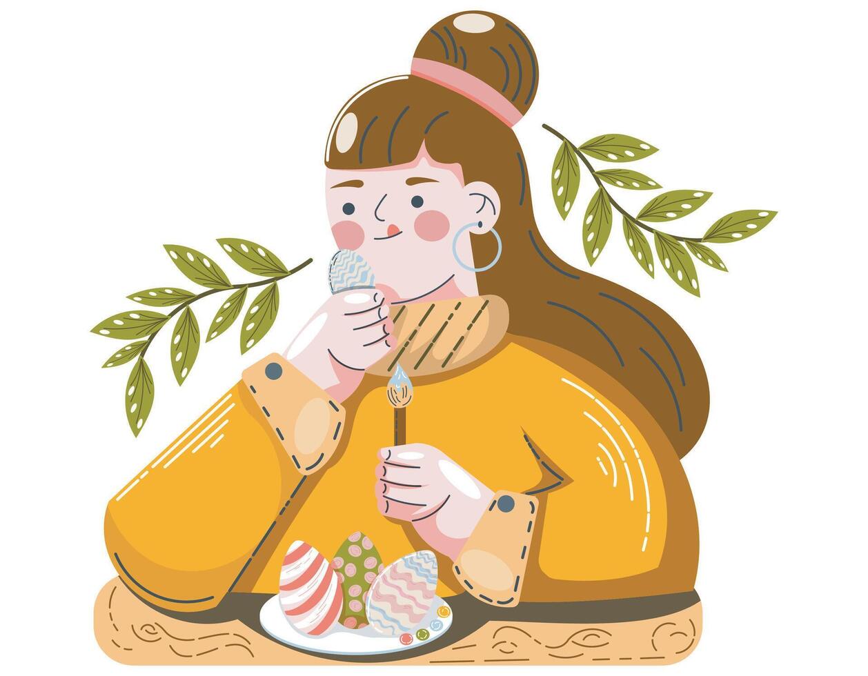 Woman enjoys decorated eggs while seated at a festive table during a easter celebration vector