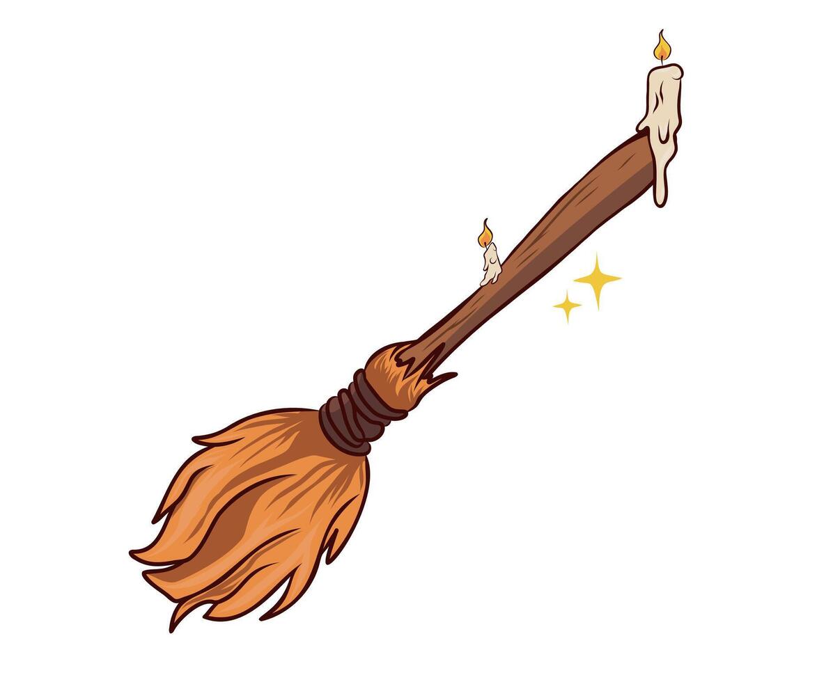 Magical Witch's Broomstick with Lit Candles and Sparkling Effects vector