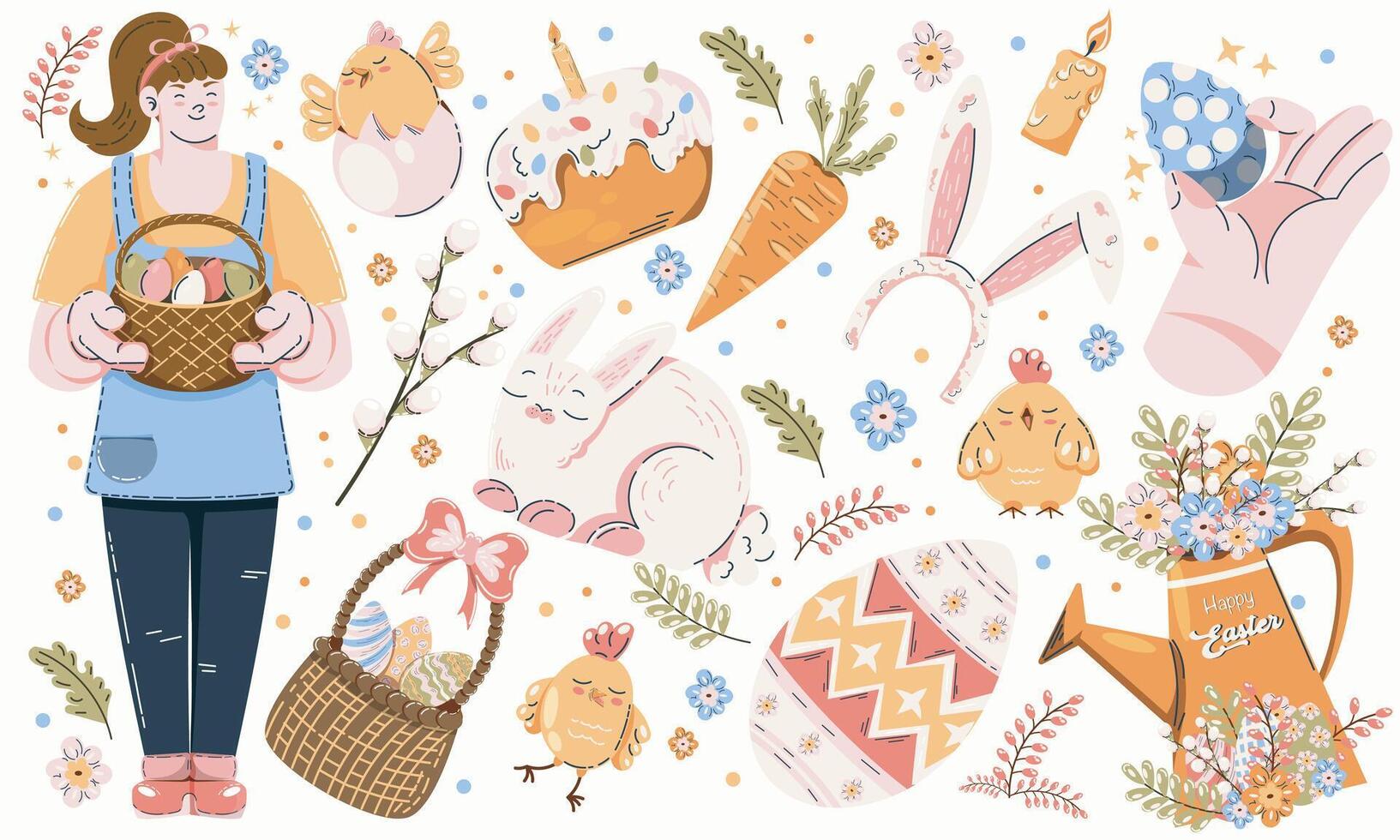Set of Easter cartoon stickers in 90s retro style. Spring elements, rabbits, eggs, Christian holiday, Easter baskets, flowers. Groovy doodle shape vector