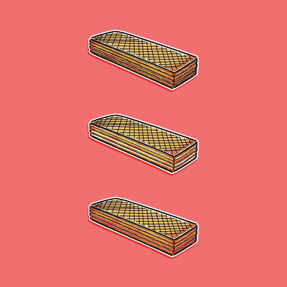 Colorful and minimalistic illustration of three layered wafer biscuits arranged against a vibrant red backdrop. vector