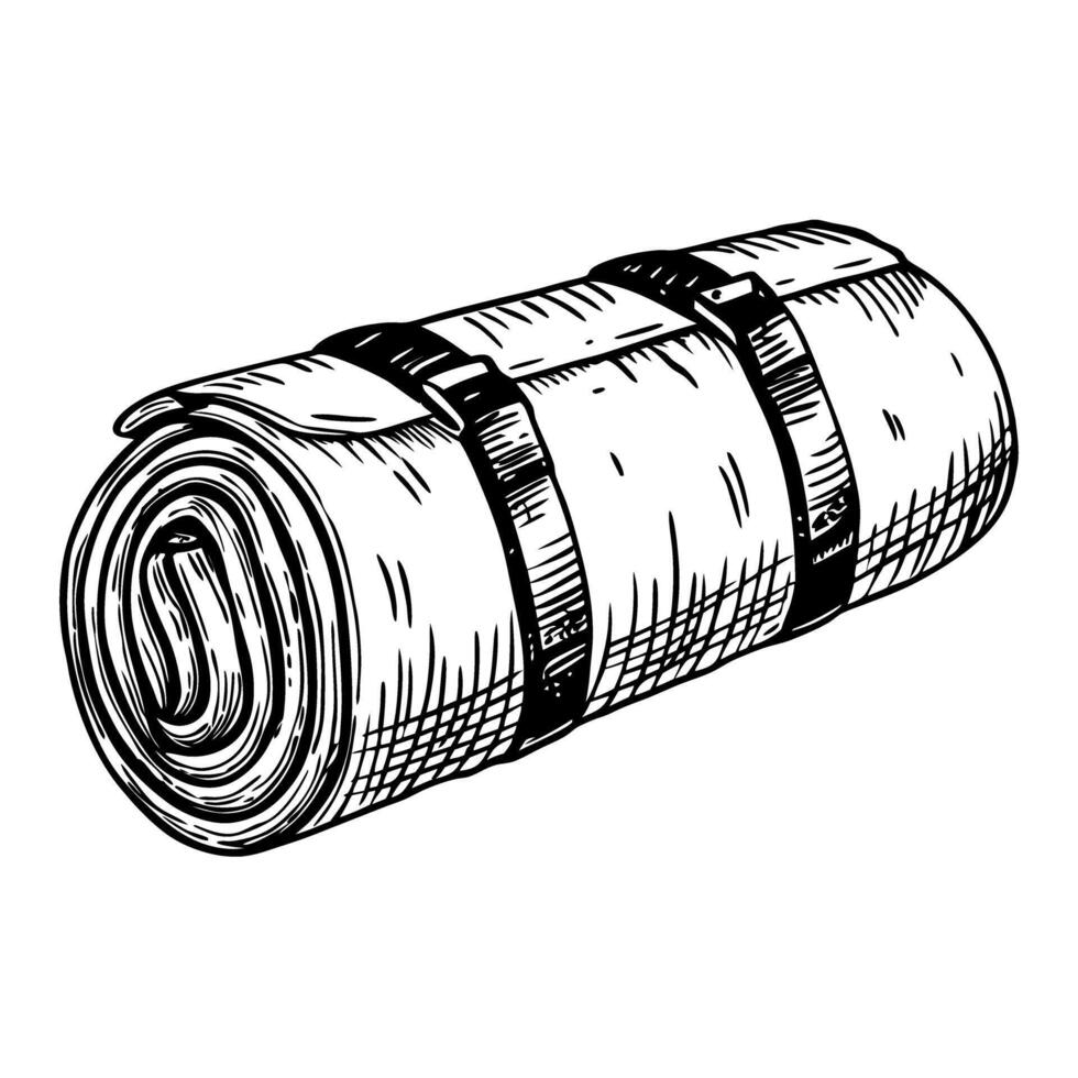 vintage camping gear illustration rolled sleeping bag with straps, adventure essentials vector