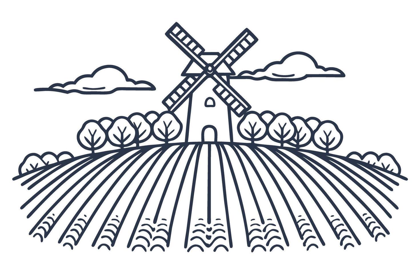windmill on countryside landscape with trees and fields under a cloudy sky vector