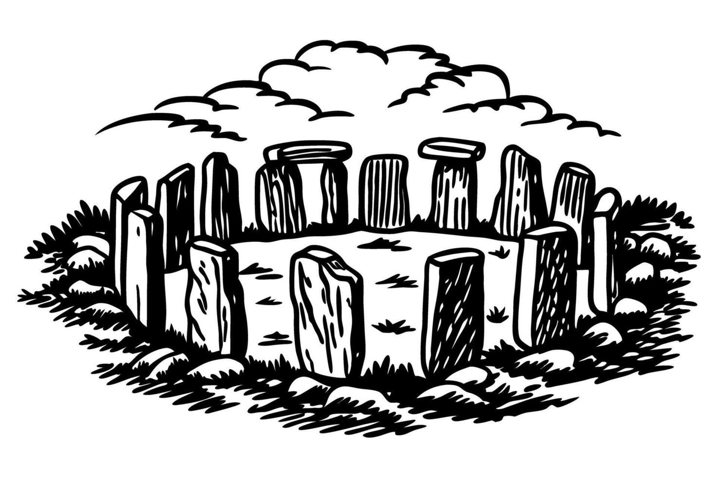 ancient stone circle illustration depicting historic monument in natural setting under cloudy sky vector
