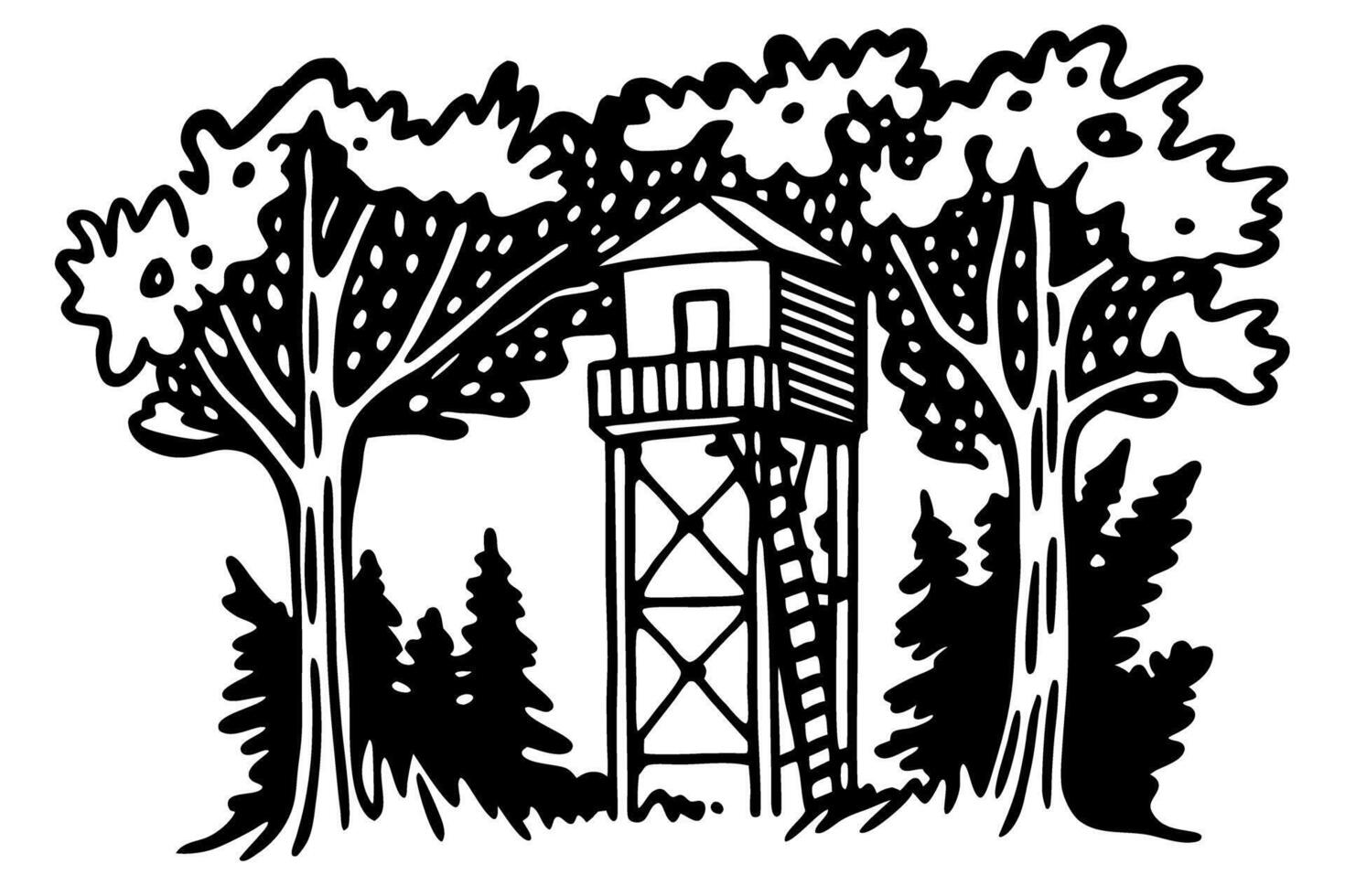 treehouse lookout tower surrounded by forest trees, nature retreat design in monochrome illustration vector