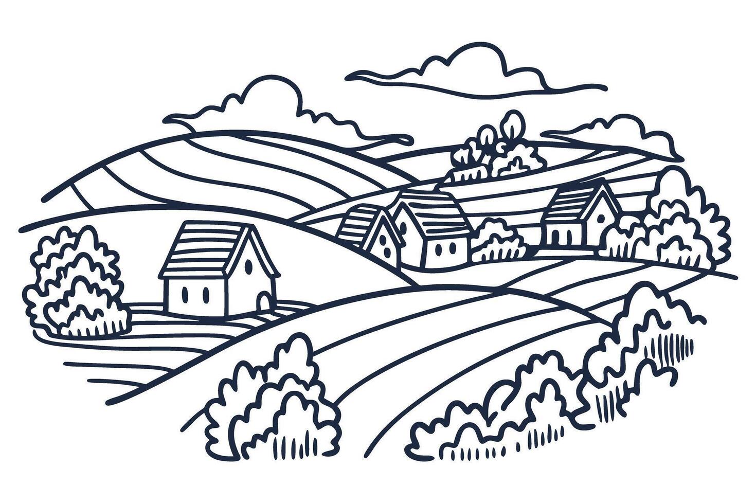 Scenic countryside landscape with rural houses, fields, and hills in illustration vector