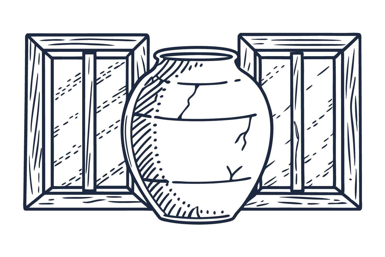 hand drawn pottery vase with vintage wooden crates, rustic art illustration vector