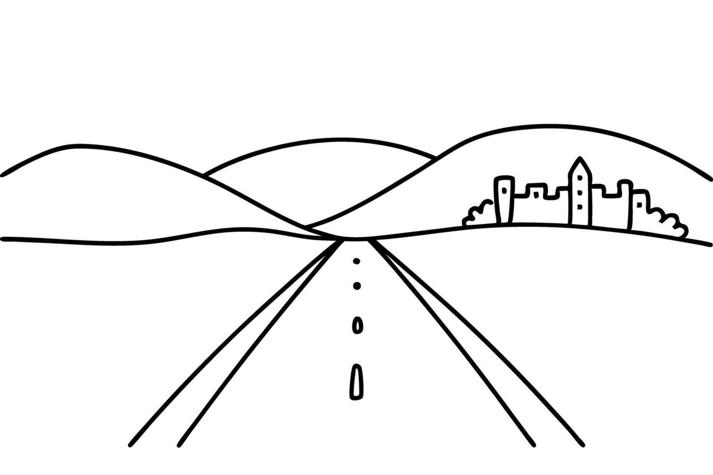 Simple line art of a road through rolling hills with distant castle vector