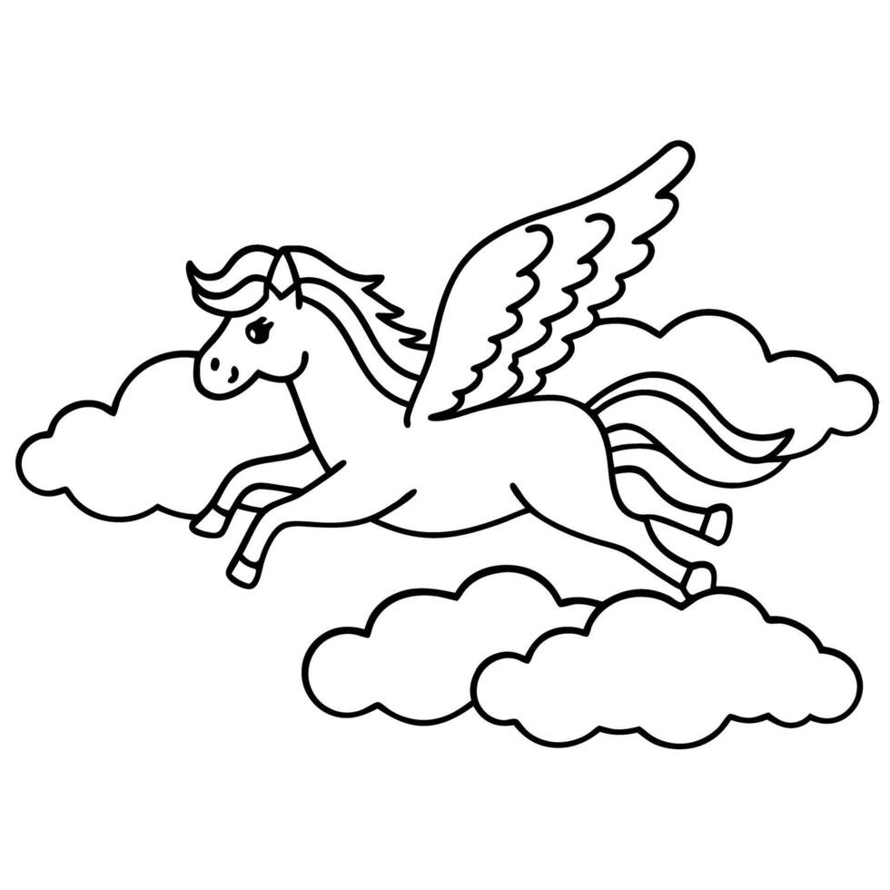 pegasus flying among clouds, cute winged horse illustration for kids coloring vector