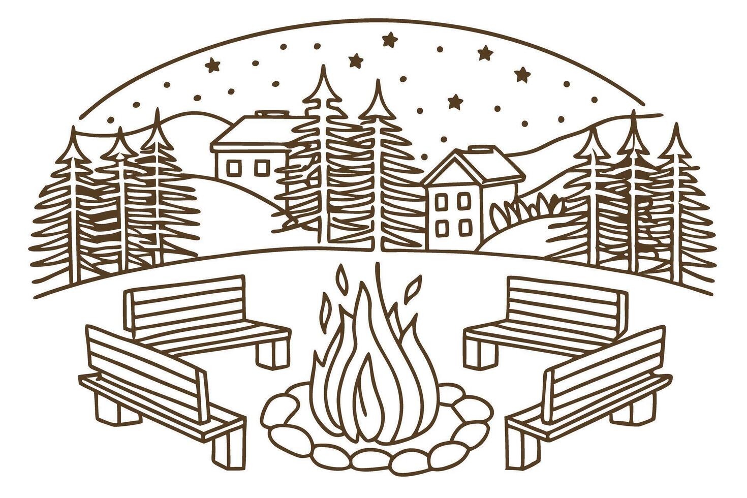 Nighttime campfire scene with benches, pine trees, stars, and cozy cabins vector
