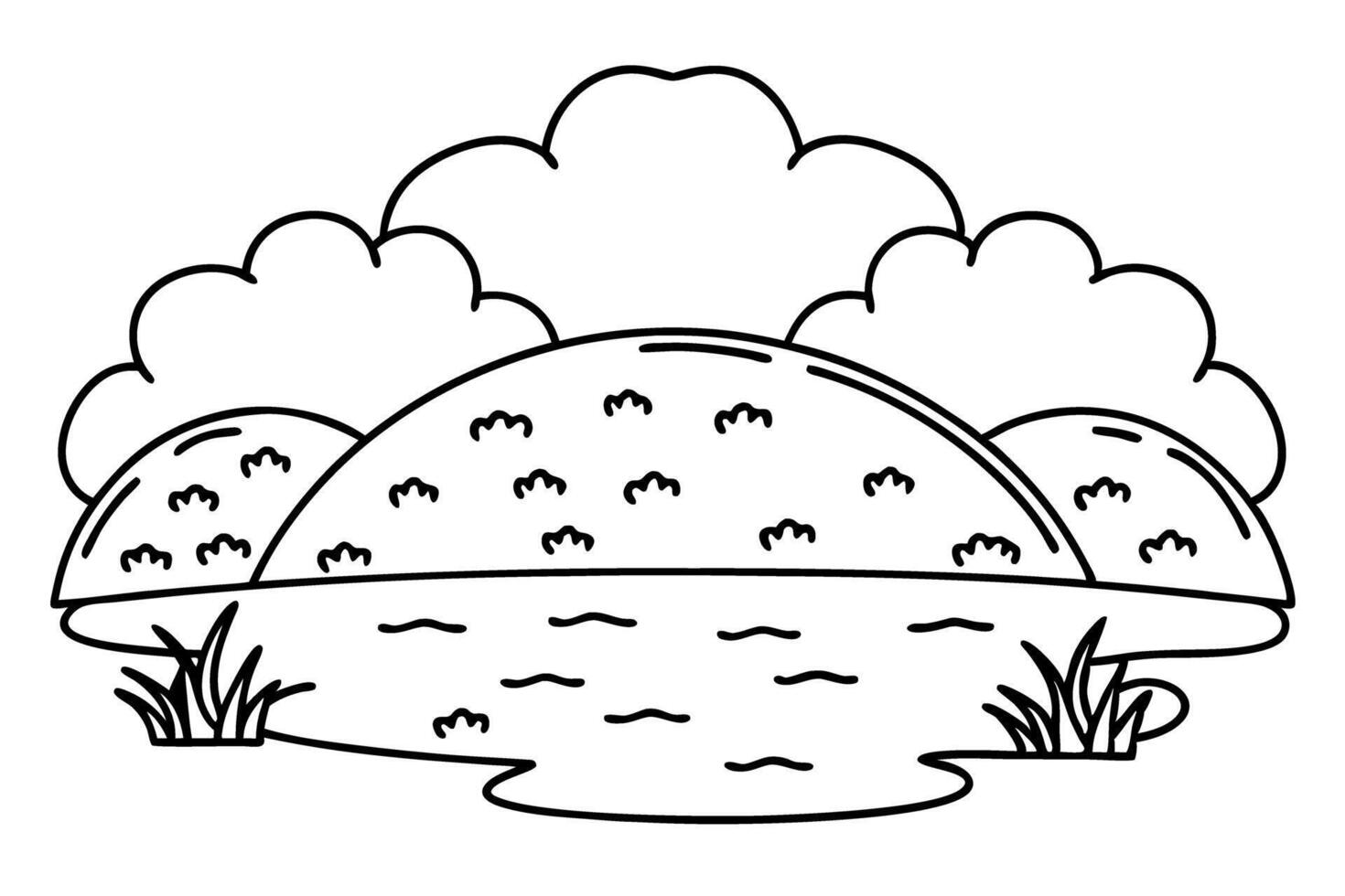 Peaceful landscape illustration with hills, clouds, and a serene lake vector