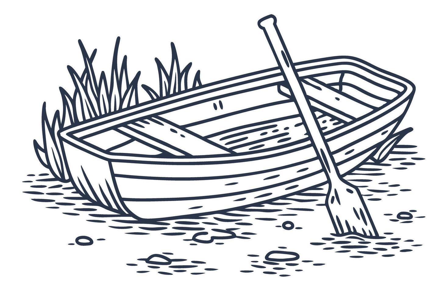 Illustration of a wooden rowboat with oar on shoreline nautical adventure, fishing simplicity art vector