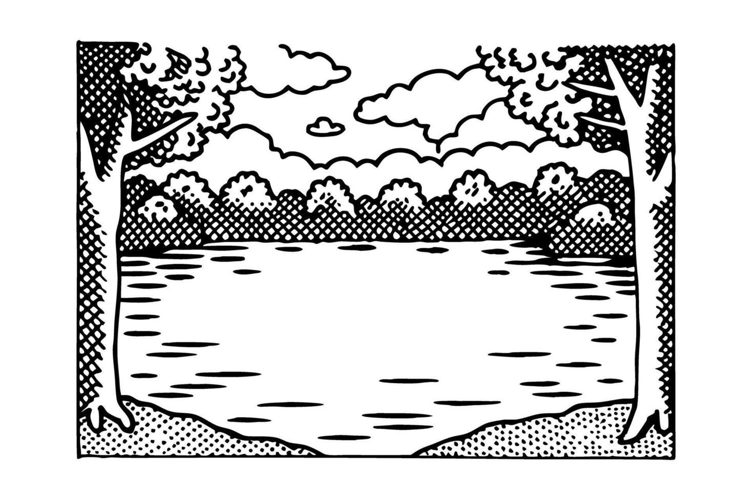 black and white tranquil lake scene with trees and clouds, peaceful nature landscape illustration vector