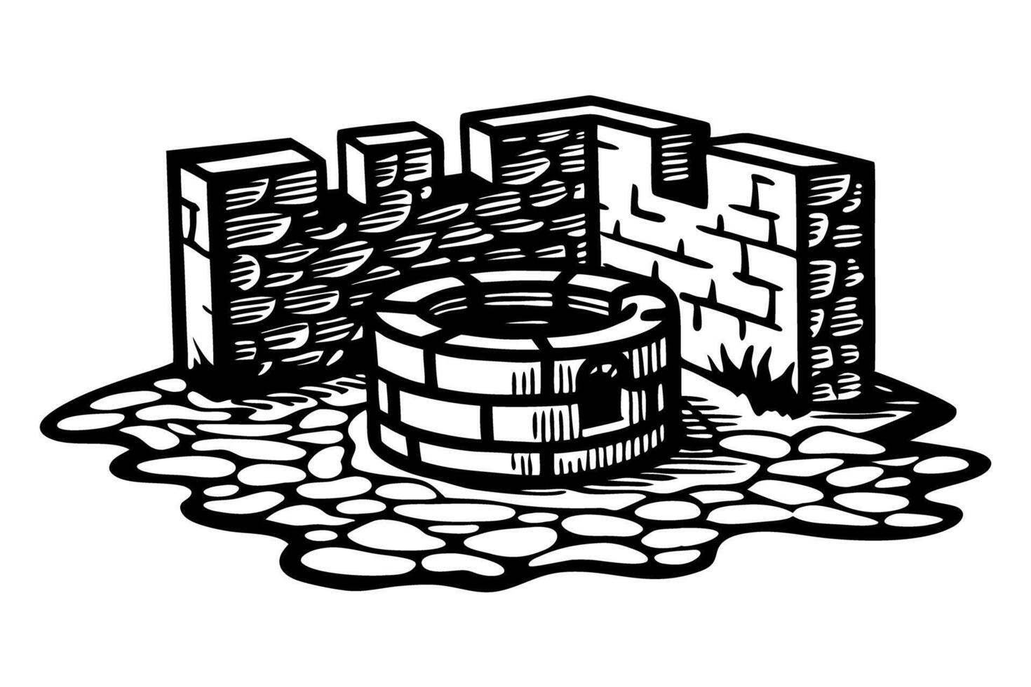Vintage stone well illustration with rustic bricks and cobblestone details vector