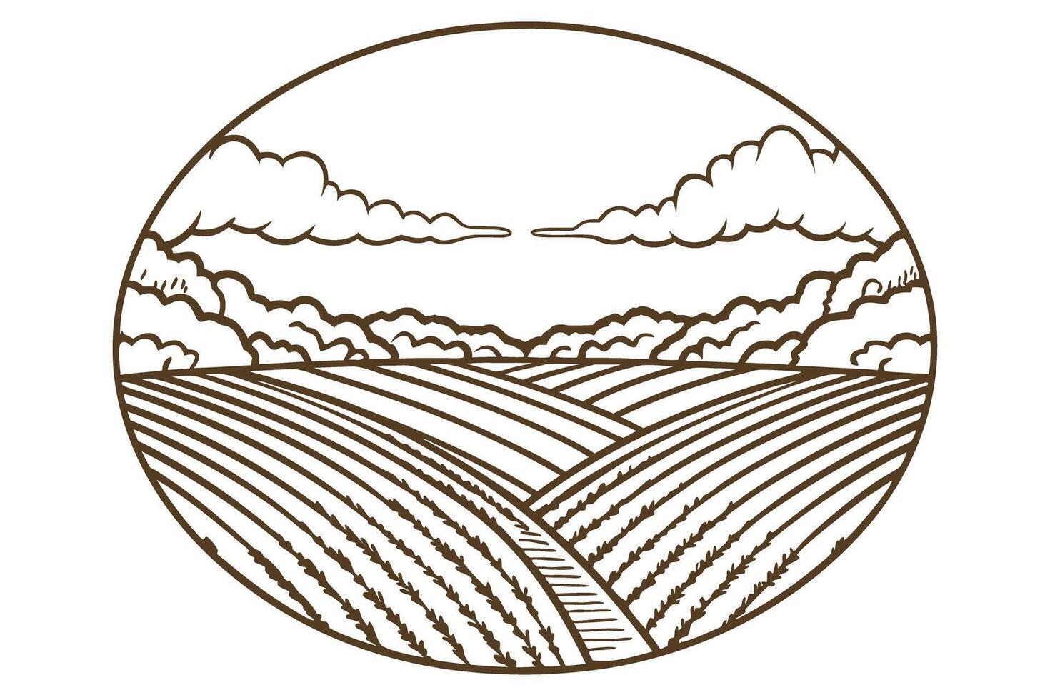 Stylized farm fields under cloudy sky nature, agriculture, landscape illustration vector
