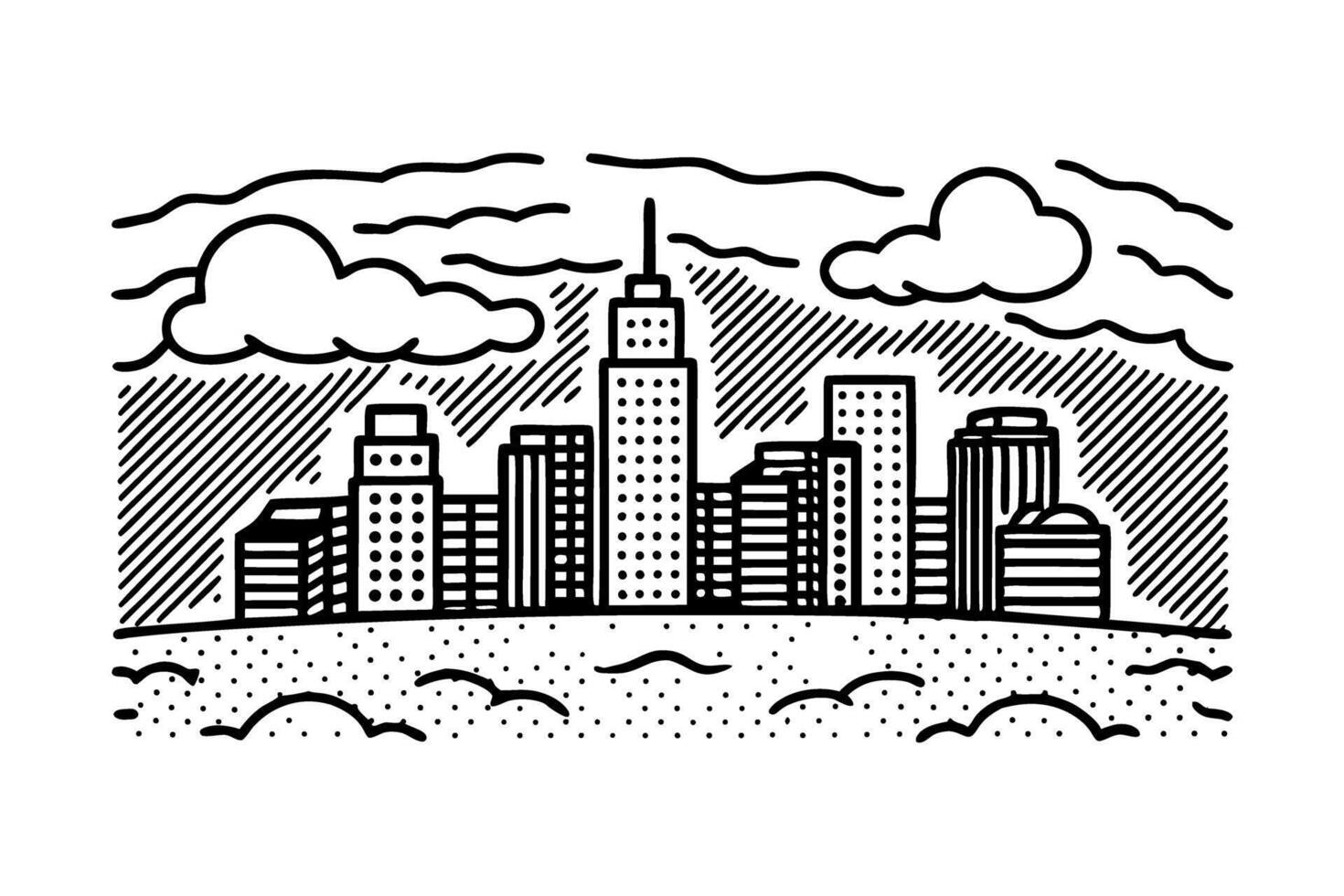 monochrome cityscape illustration with clouds, skyscrapers, and skyline urban architecture art vector