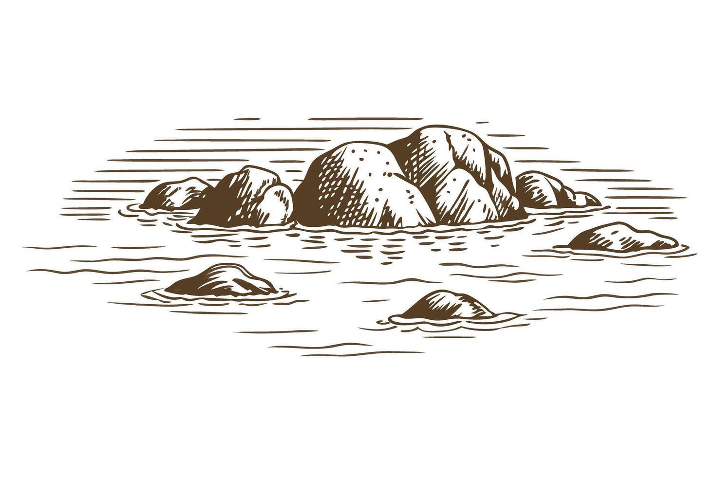vintage illustration of rocky island in serene water vector