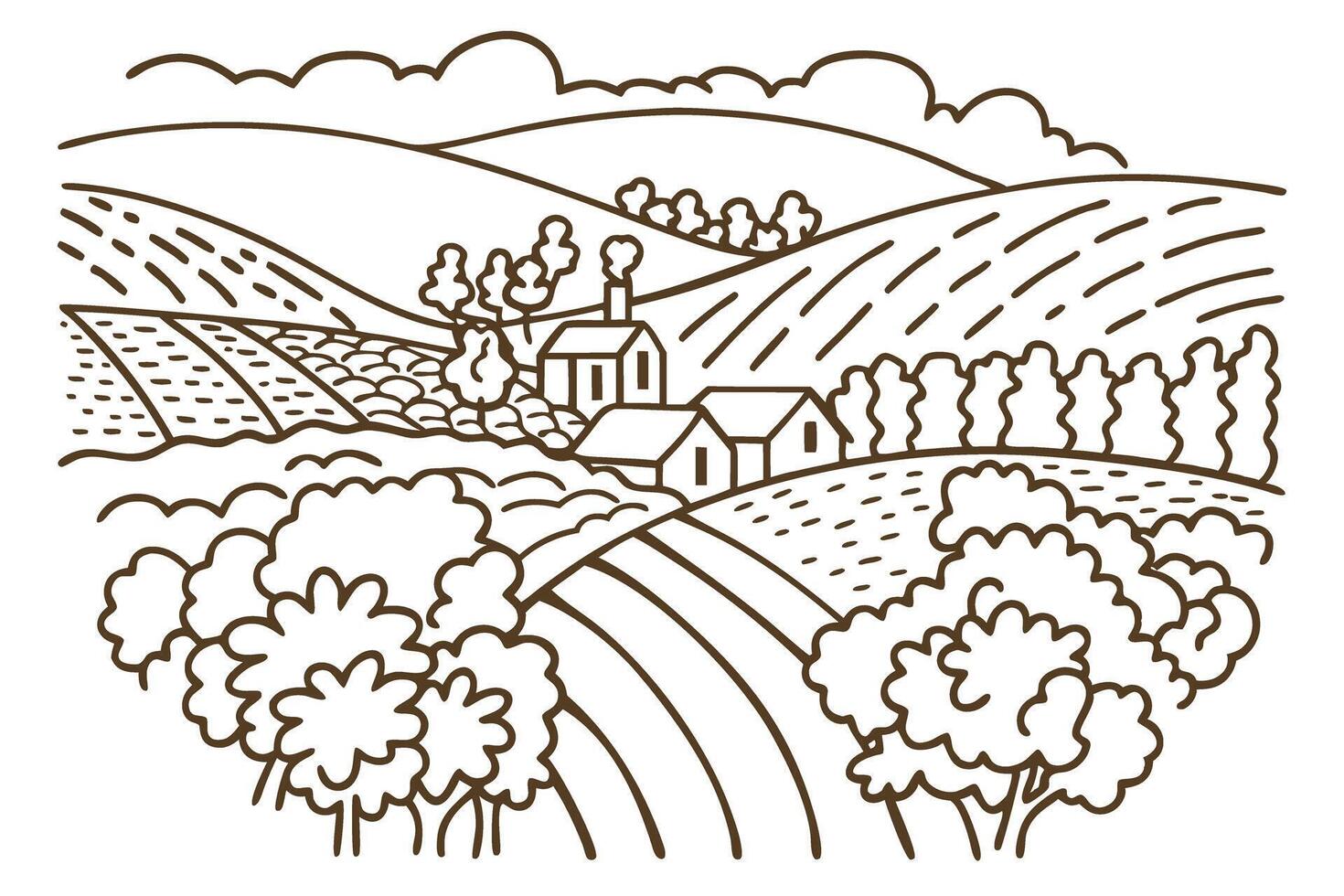 Scenic rural landscape illustration with rolling hills, farmhouse, and trees in a line art vector