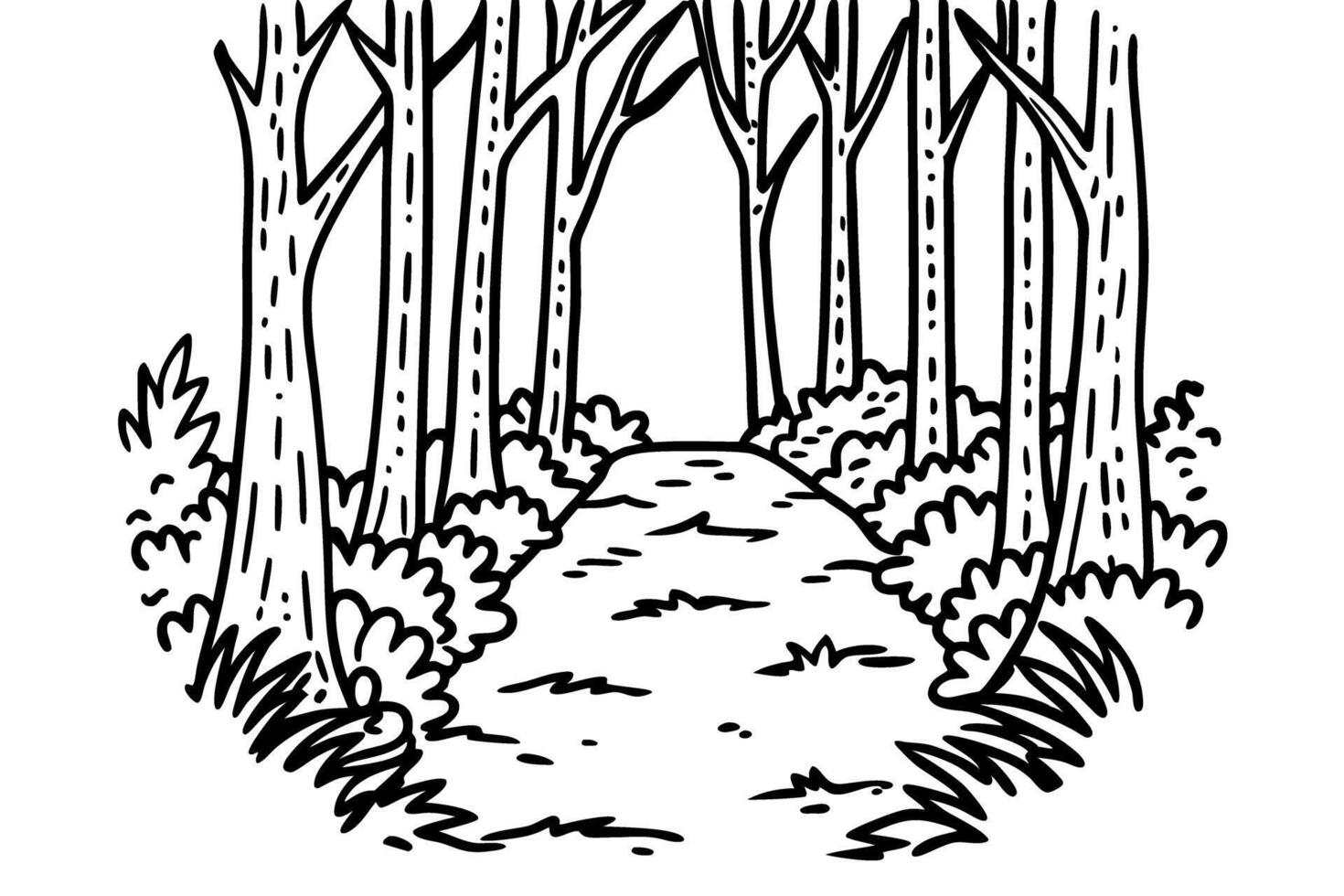 forest path sketch black and white woodland trail, trees, nature, outdoor scenery, peaceful exploration vector