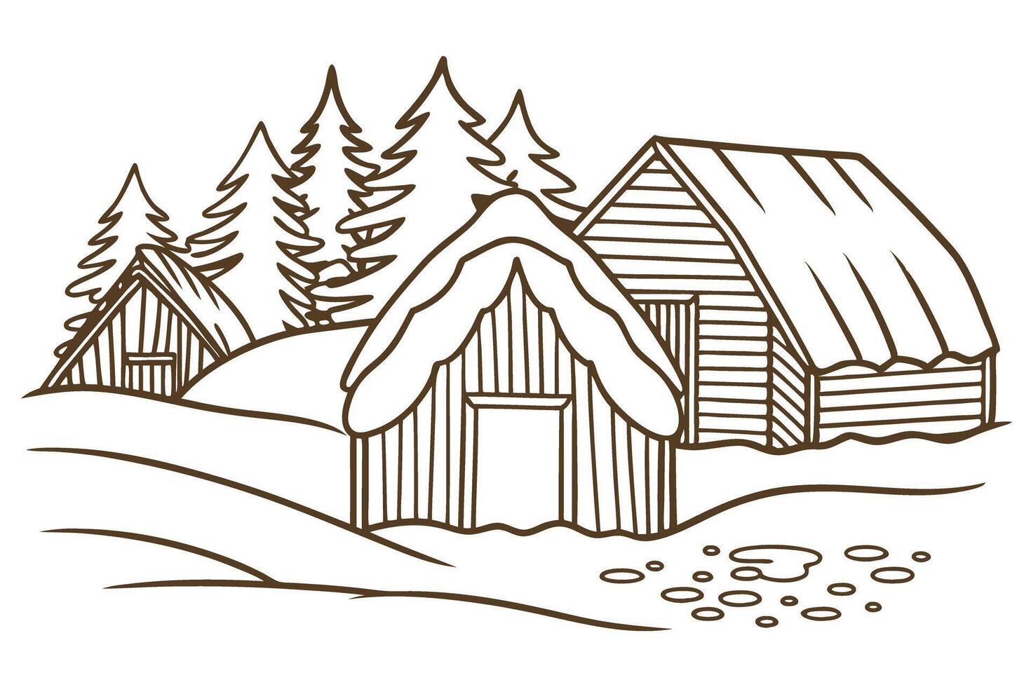 Cozy winter cabins snow capped roofs amidst pine forest rustic countryside in winter vector