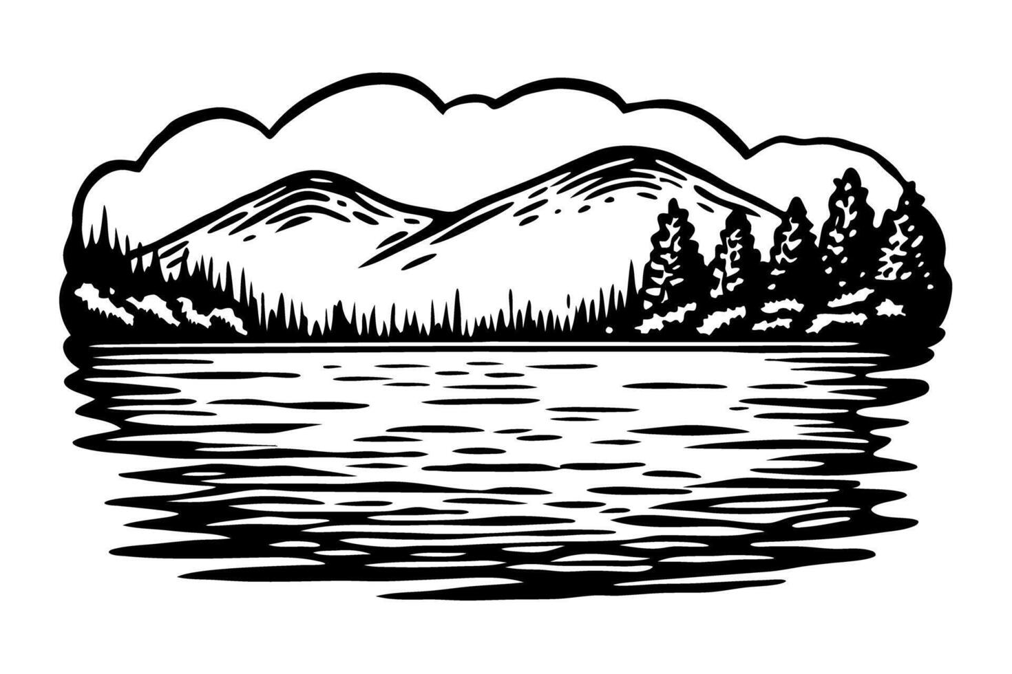 Mountain landscape with pine trees and lake reflection in black and white illustration vector
