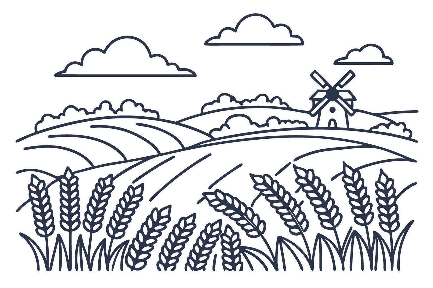Countryside landscape with wheat fields and windmill, outlined nature scene, sky and clouds vector
