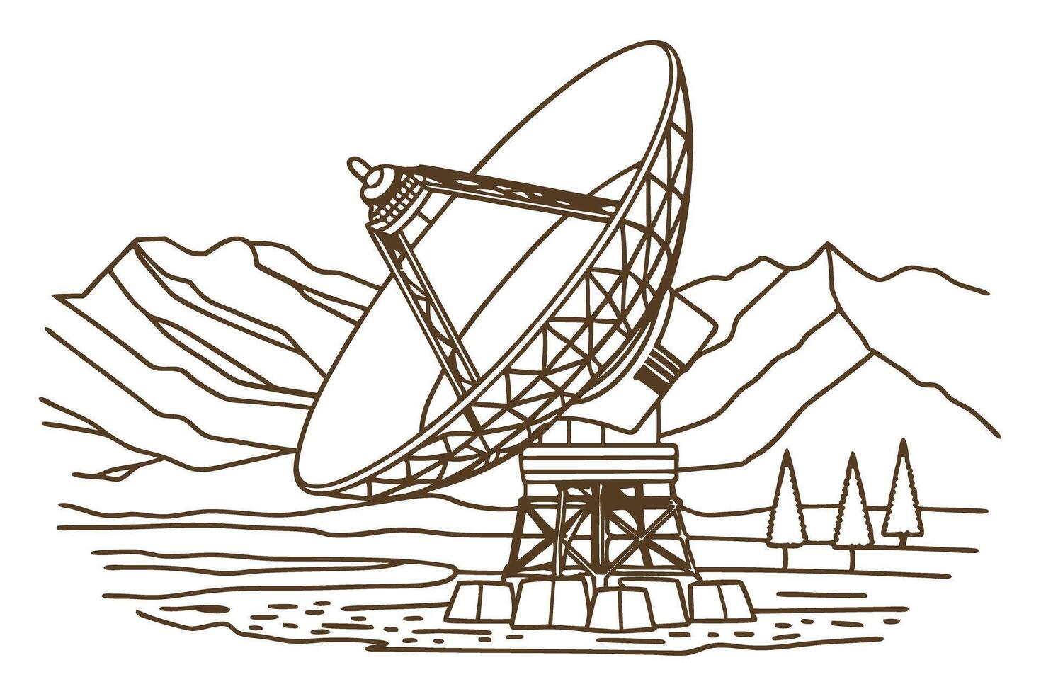 Radio telescope antenna in mountainous landscape astronomy, space observation, science, technology vector