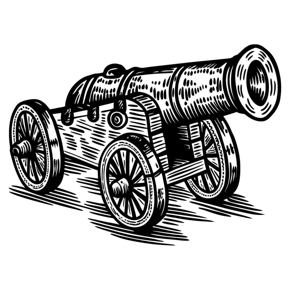 Vintage cannon sketch with detailed wood and metal elements, classic historical art vector