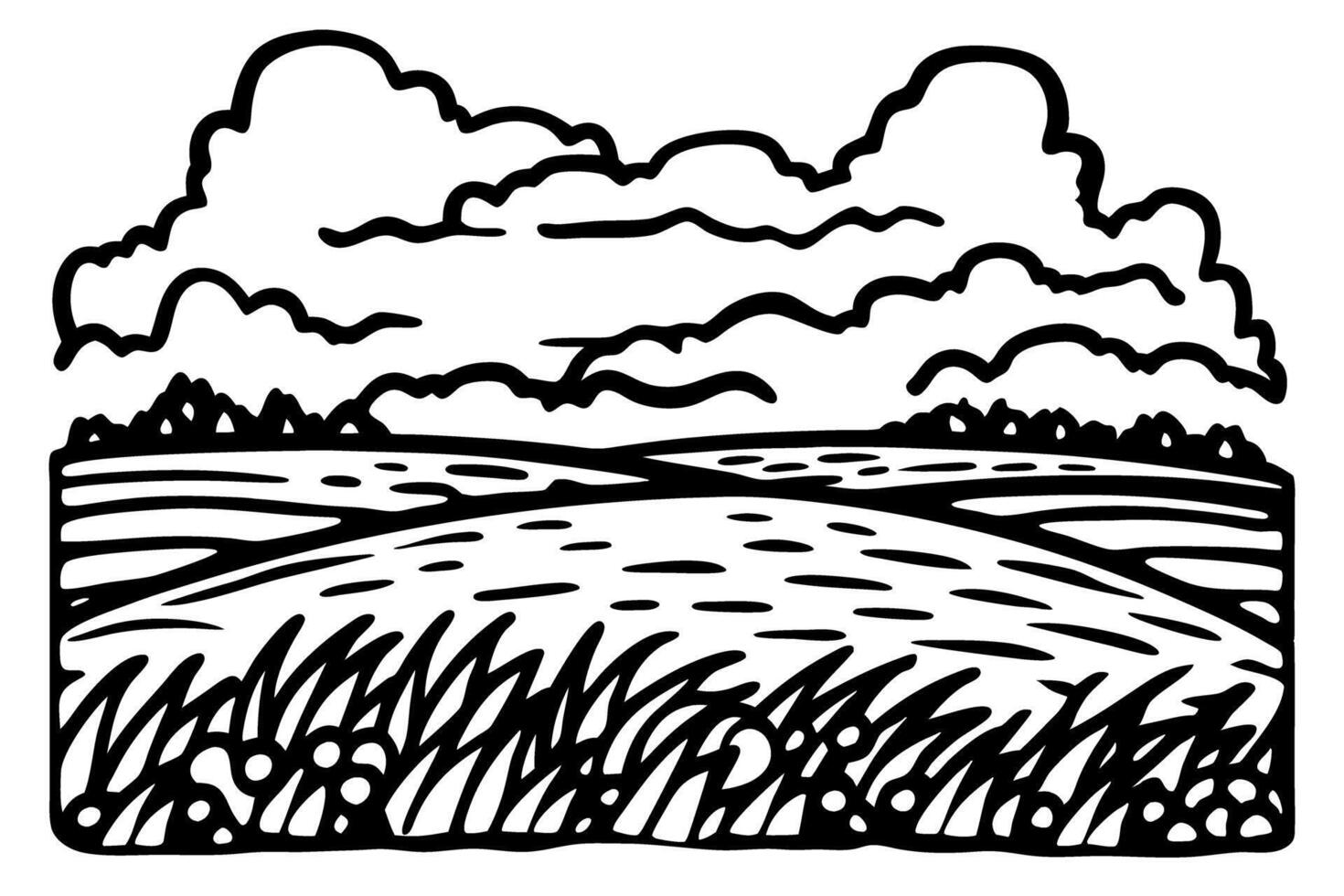 idyllic pastoral landscape with grassy fields and rolling clouds in monochrome illustration vector