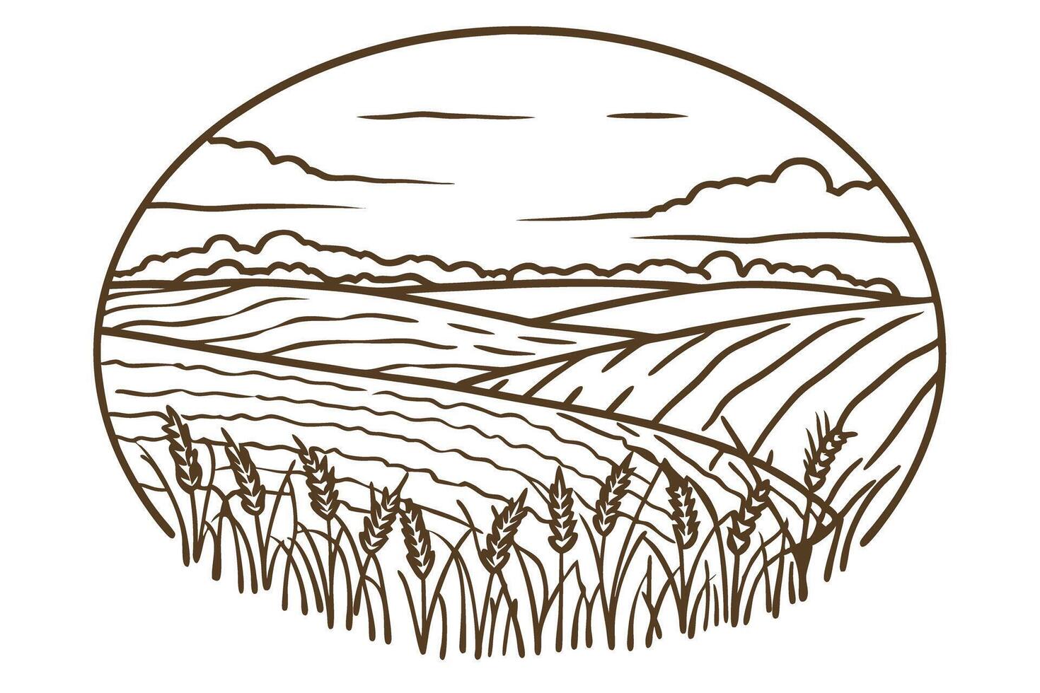 Line art of wheat field with rolling hills and clouds in countryside landscape vector