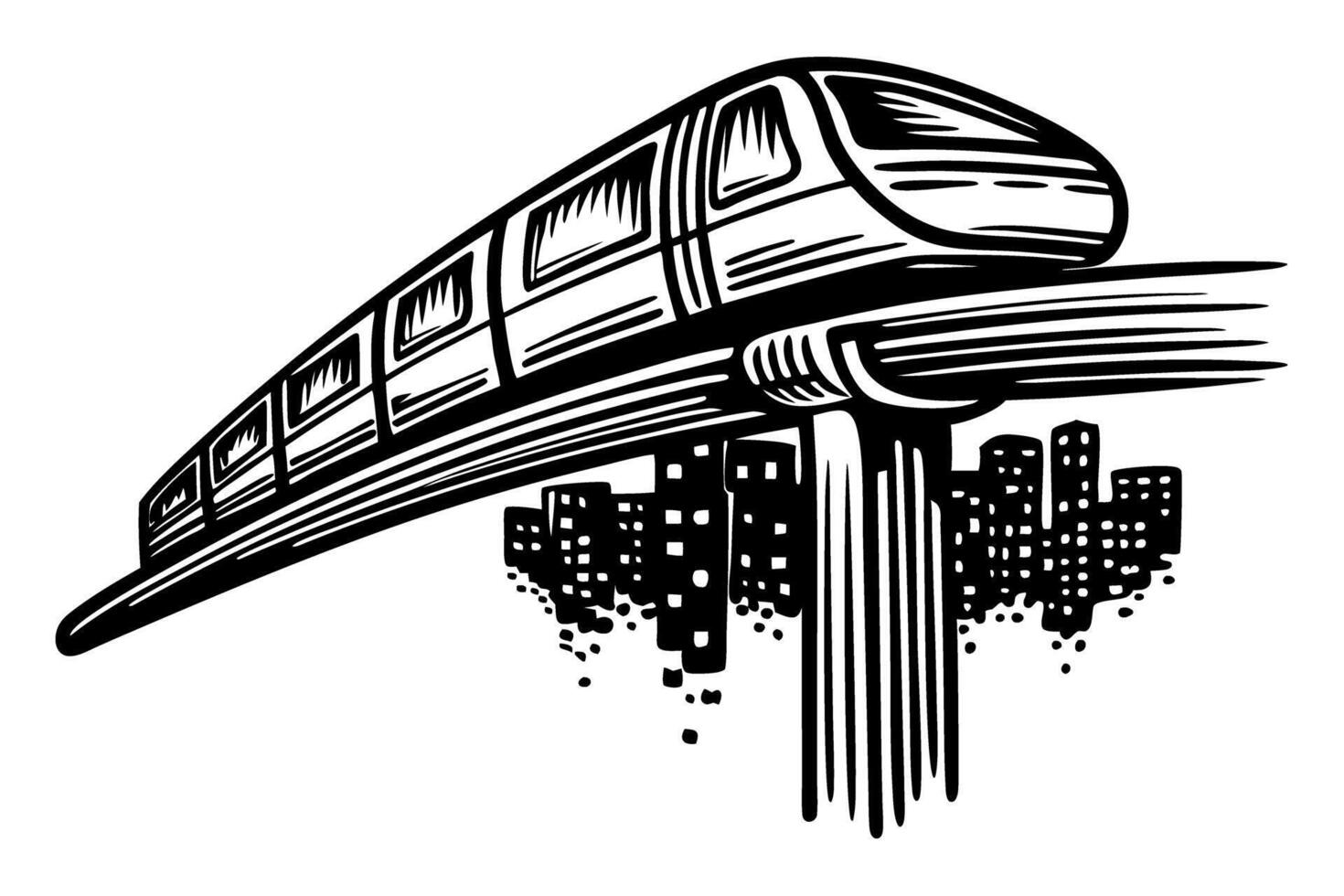 Monorail train in cityscape urban transit system modern transportation, black and white illustration vector