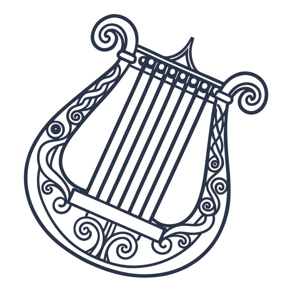 Elegant lyre instrument sketch with intricate design patterns and curved strings vector