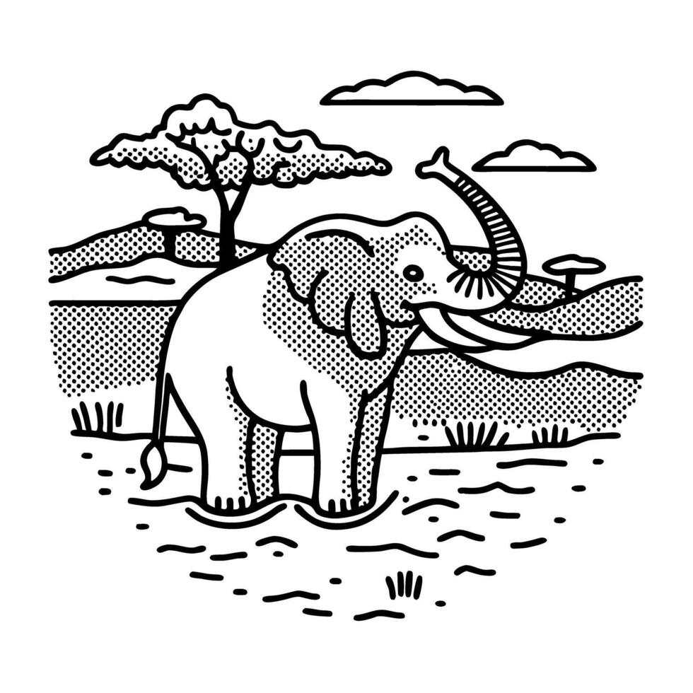 elephant in savannah landscape black and white dotted illustration with trees and clouds vector
