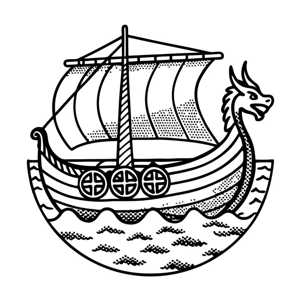 viking longship sailing symbol monochrome dragon head design with sail, waves, and shields vector
