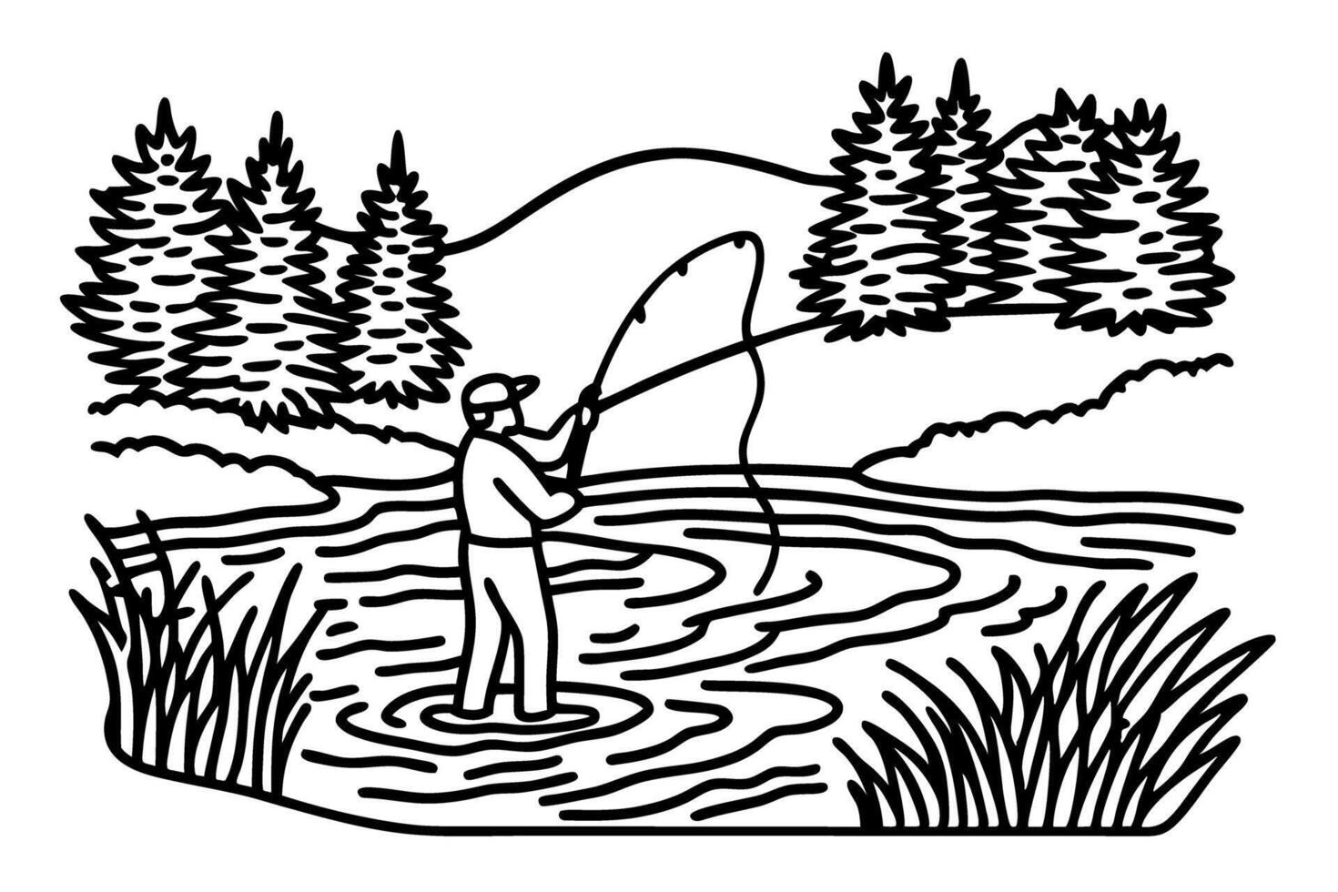 Fisherman in tranquil river landscape nature, outdoor recreation, trees, peaceful fishing scene vector