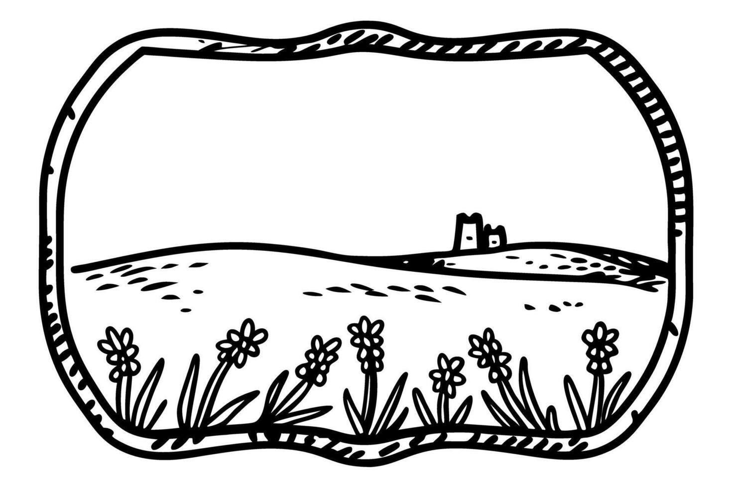 black and white landscape sketch with flowers and distant castle vector